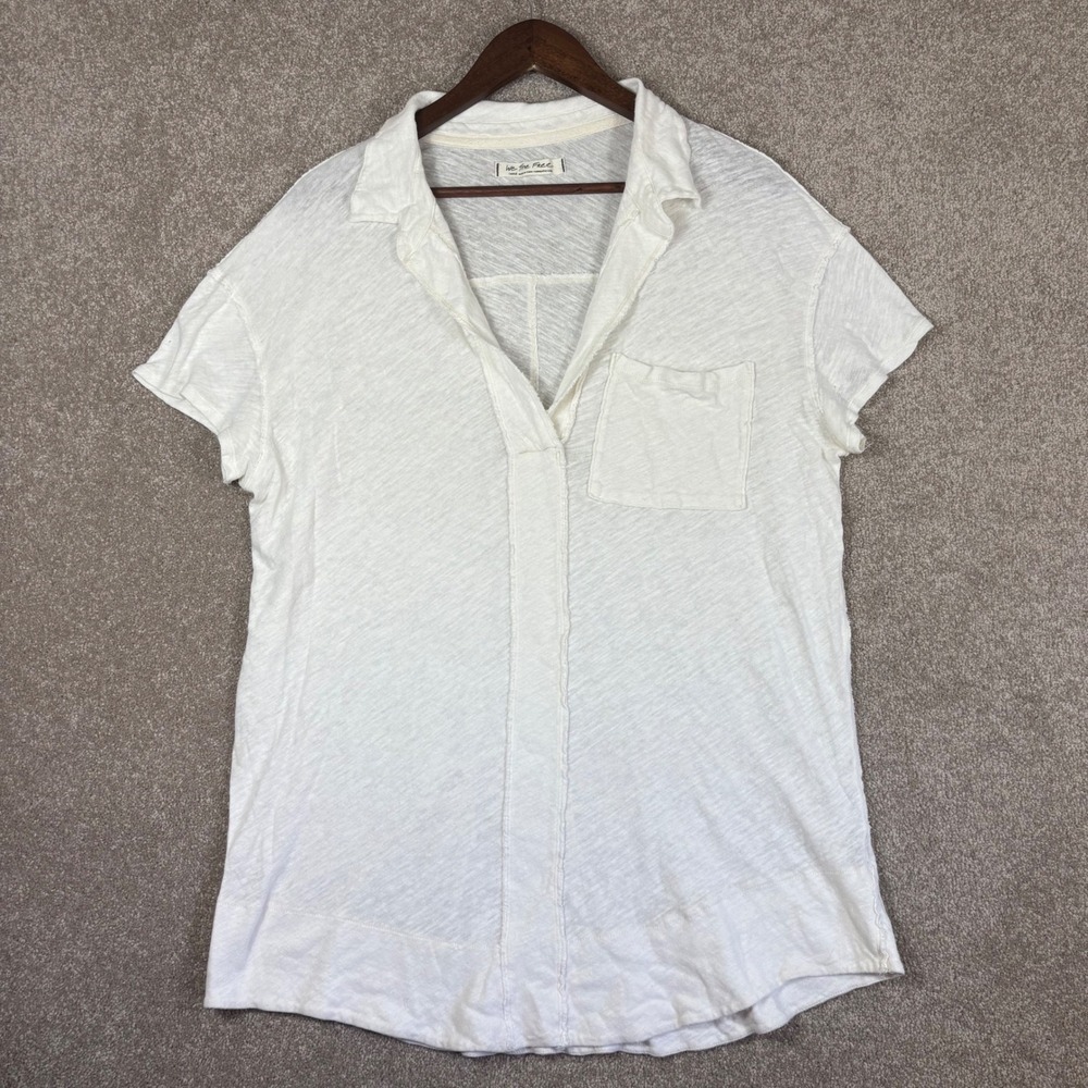We The Free Free People White Slub Knit Short Sleeve Notched Collar Top Large